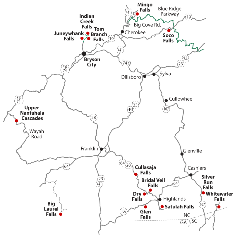 Map of Western North Carolina Waterfalls