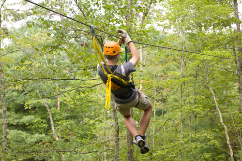 Man on Wildwater zipline in the Nantahala Gorge near Bryson City NC