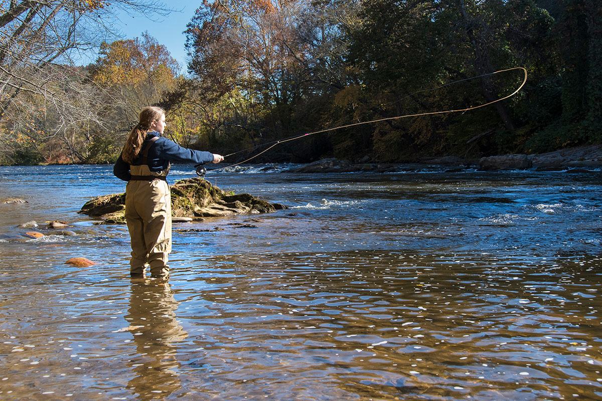 Woman-fishing-tuck-fall-03 Fly fishing in the shallows at Island Park