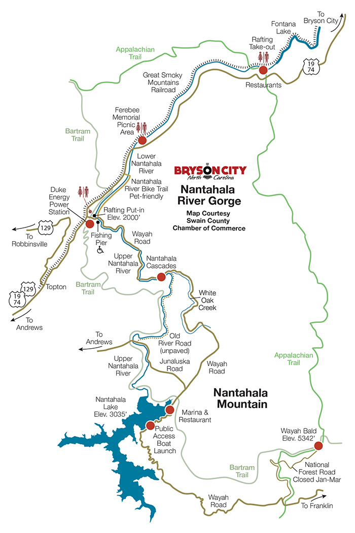 map of roads, trails and water in Nantahala